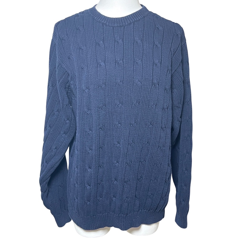 Eddie Bauer Cable Knit Cotton Sweater Navy Blue Crewneck Men's M